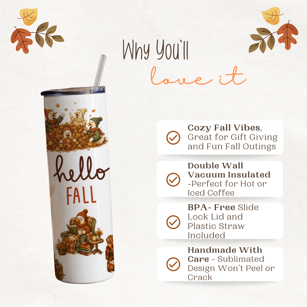 Whimsical Fall Goose Tumbler | Cozy Autumn Goose Coffee Cup | Hello Fall Goose Lover Gift