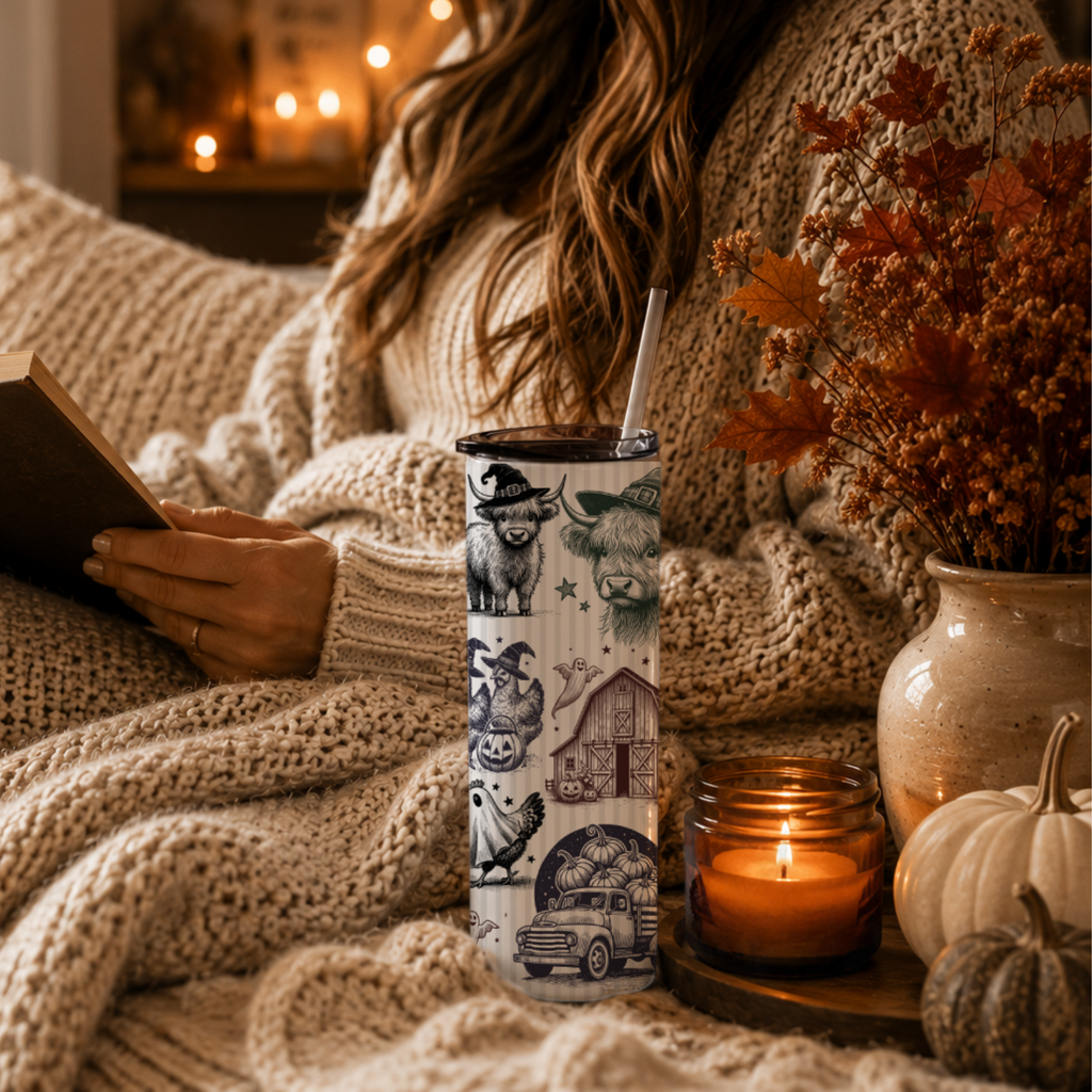 Vintage Style Halloween Tumbler | Highland Cow & Farmhouse Ghost 20 oz Skinny Cup | Rustic Autumn Gift