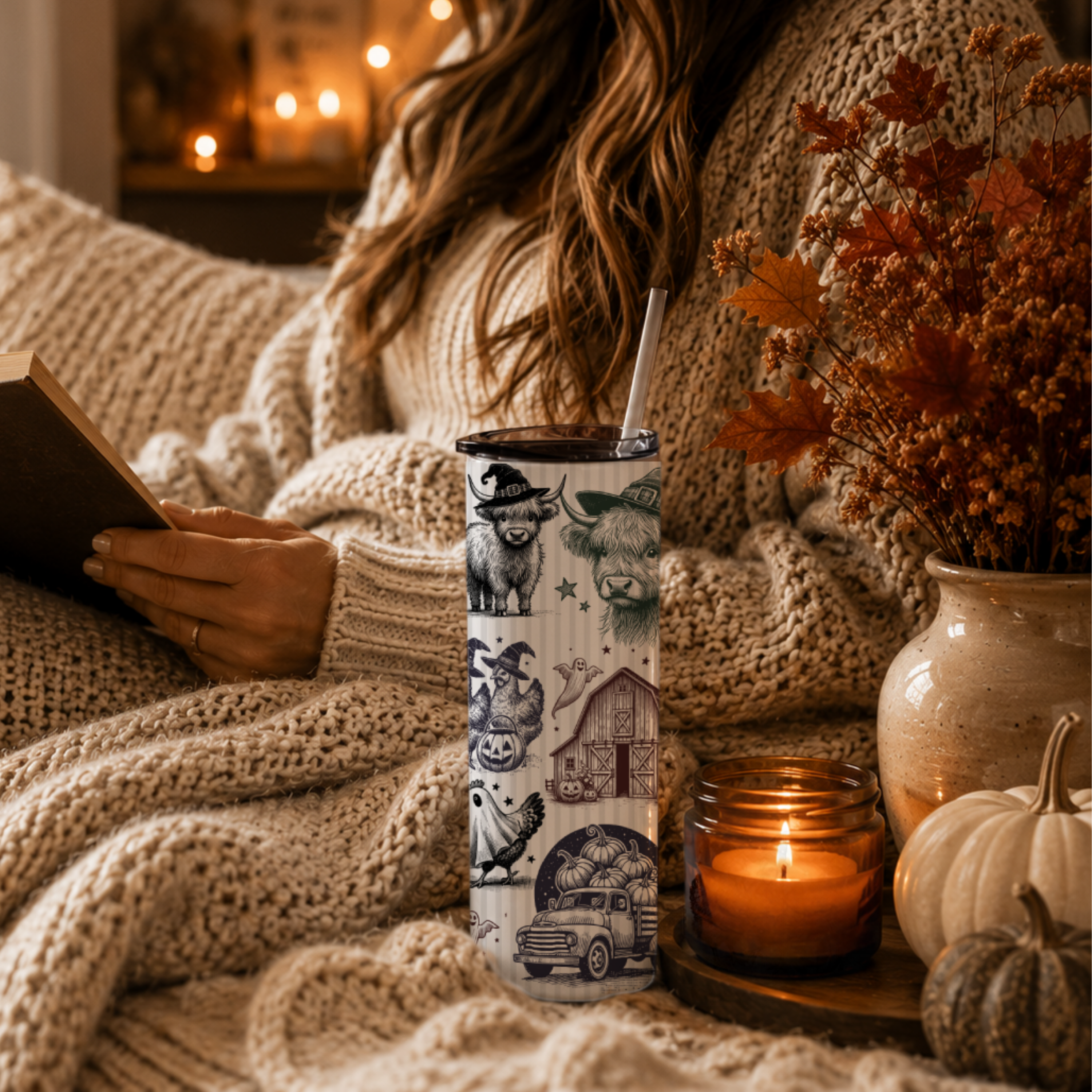 Vintage Style Halloween Tumbler | Highland Cow & Farmhouse Ghost 20 oz Skinny Cup | Rustic Autumn Gift
