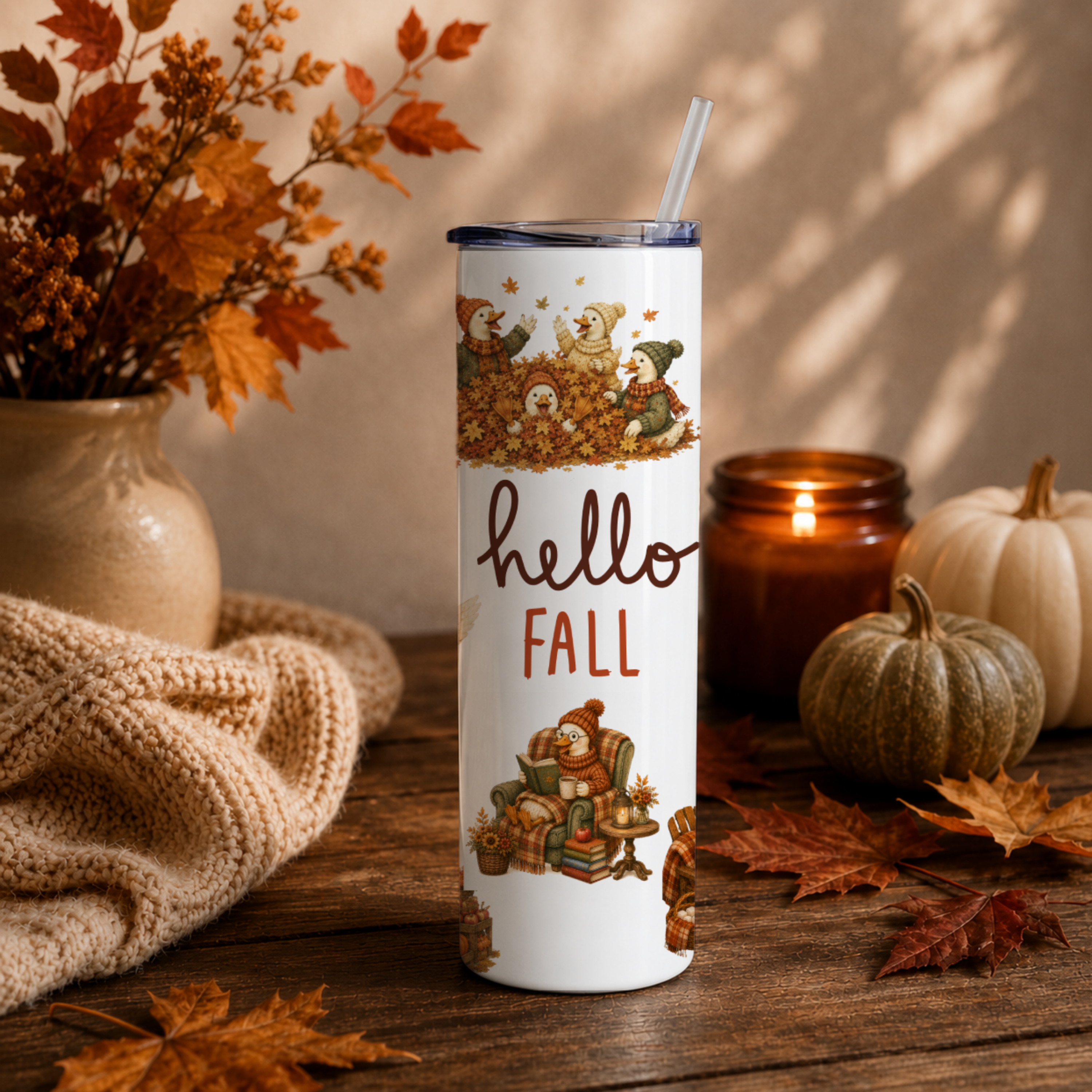 Whimsical Fall Goose Tumbler | Cozy Autumn Goose Coffee Cup | Hello Fall Goose Lover Gift