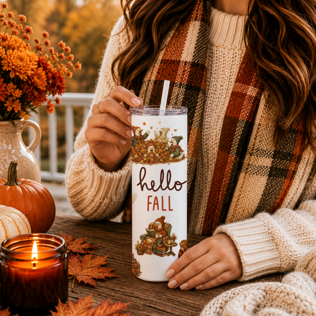 Whimsical Fall Goose Tumbler | Cozy Autumn Goose Coffee Cup | Hello Fall Goose Lover Gift