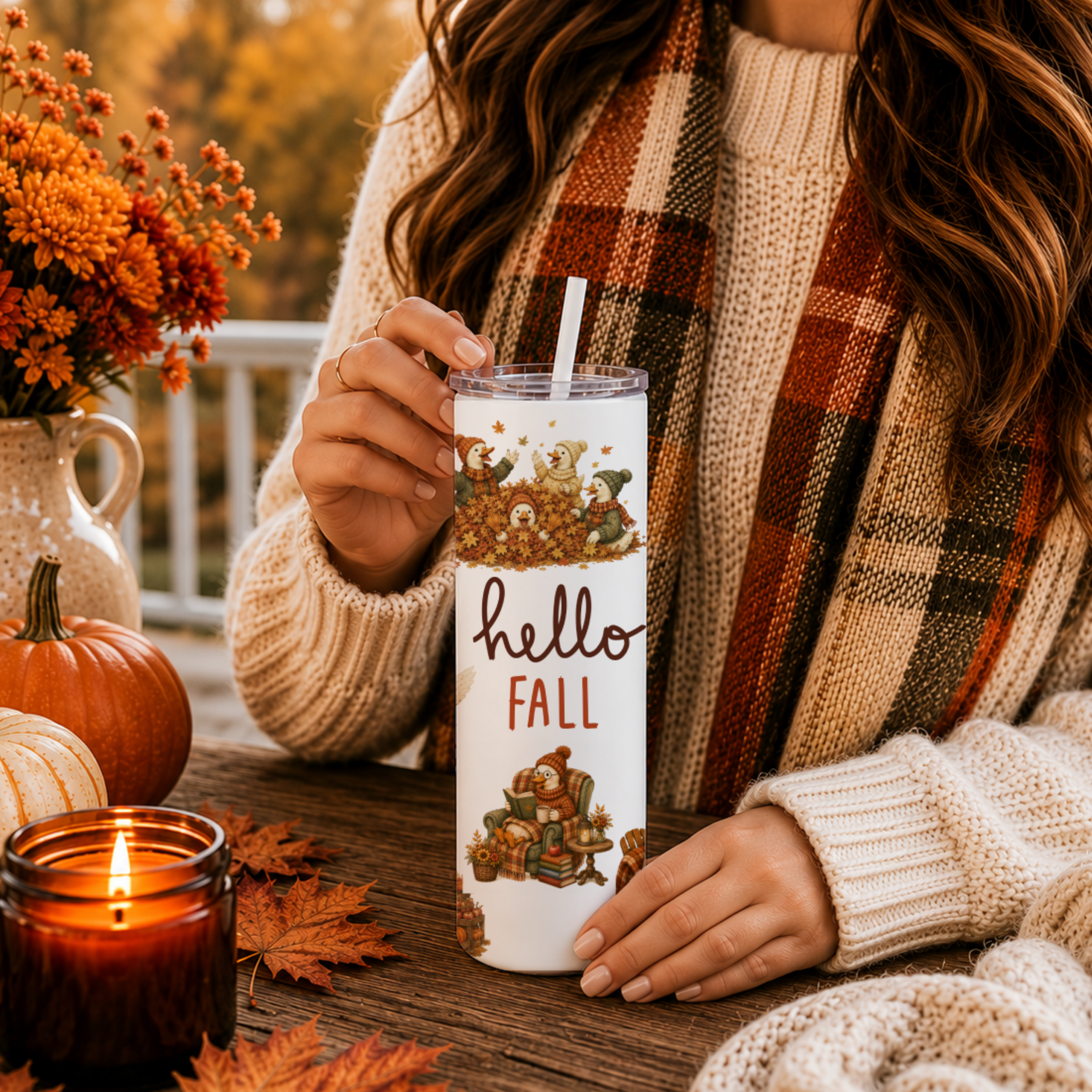 Whimsical Fall Goose Tumbler | Cozy Autumn Goose Coffee Cup | Hello Fall Goose Lover Gift