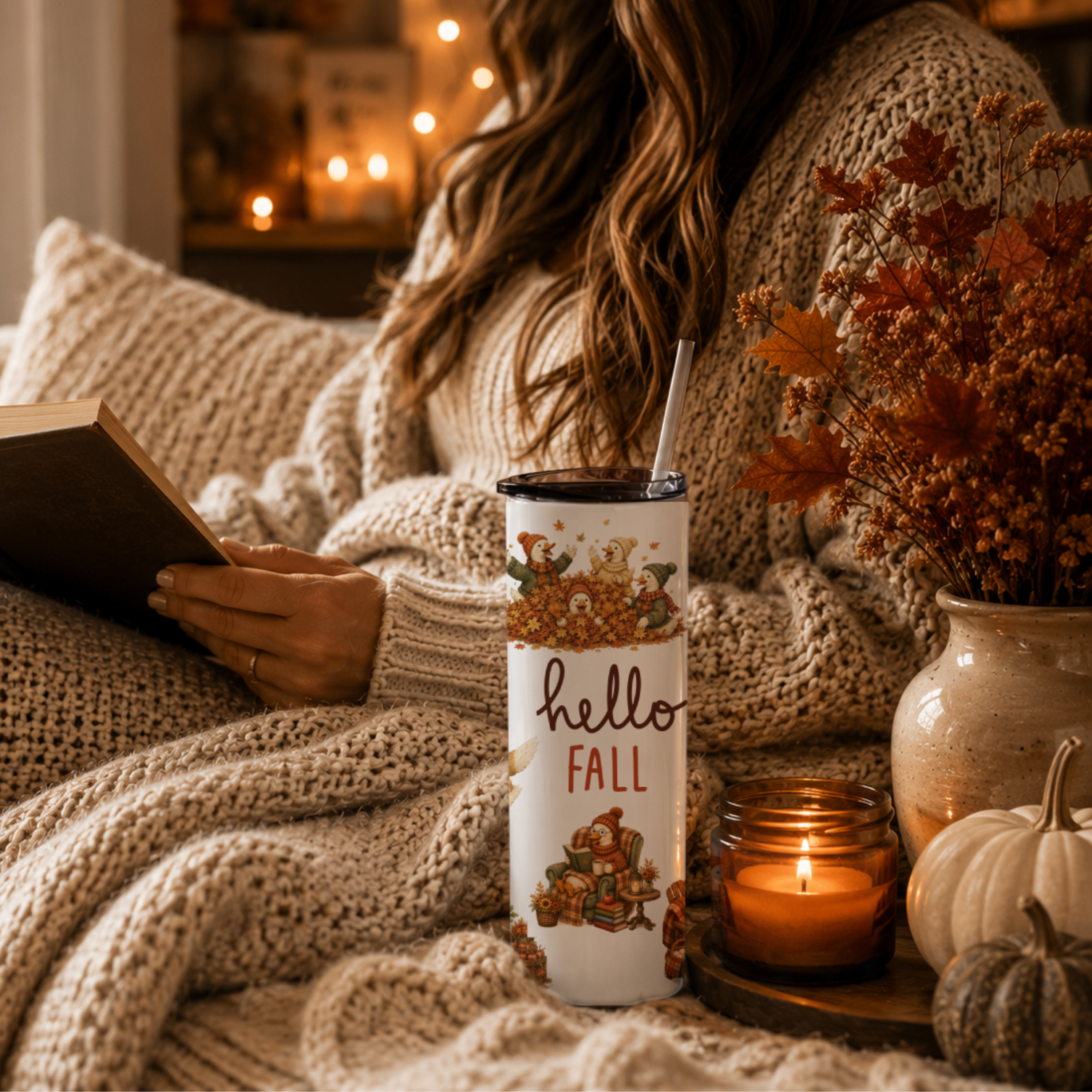 Whimsical Fall Goose Tumbler | Cozy Autumn Goose Coffee Cup | Hello Fall Goose Lover Gift