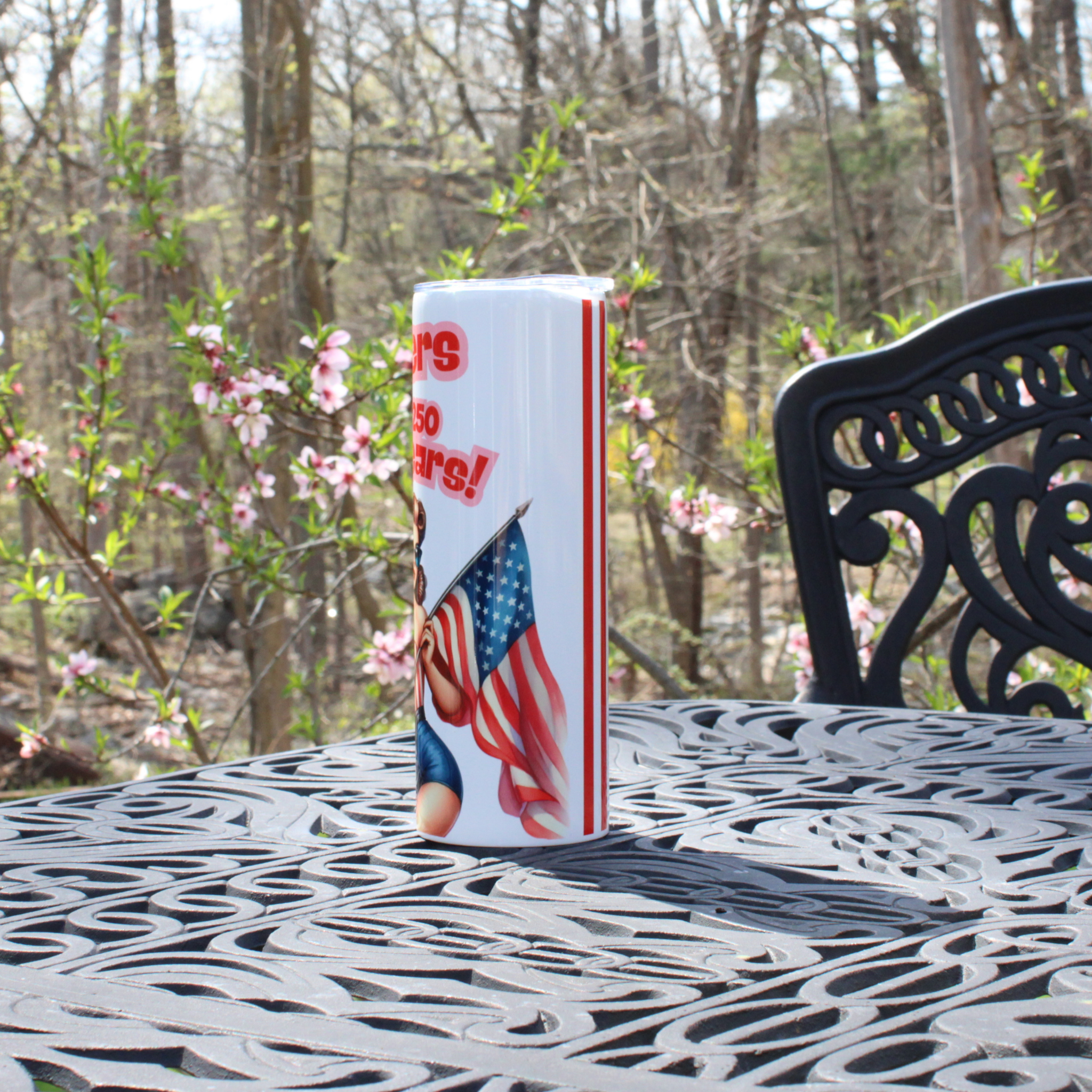 Retro Americana Style 50's Pin Up Girl Patriotic Tumbler Cheers to 250 Years