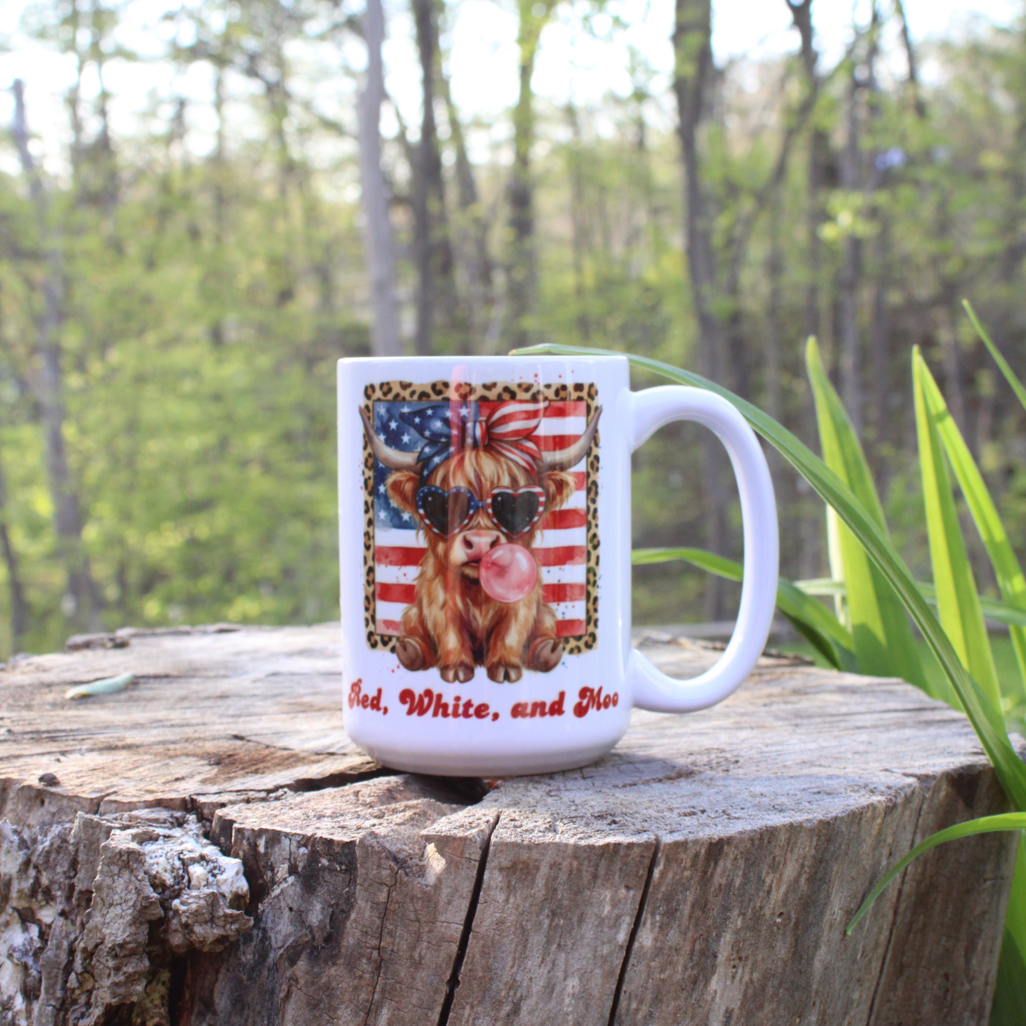 Miniature Highland Cow Coffee Mug, Red White and Moo 4th of July Mug