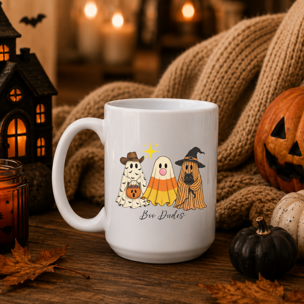 Boo Dudes Halloween Ghost Mug | 15 oz Fall Ceramic Coffee Cup | Spooky Cute Halloween Gift