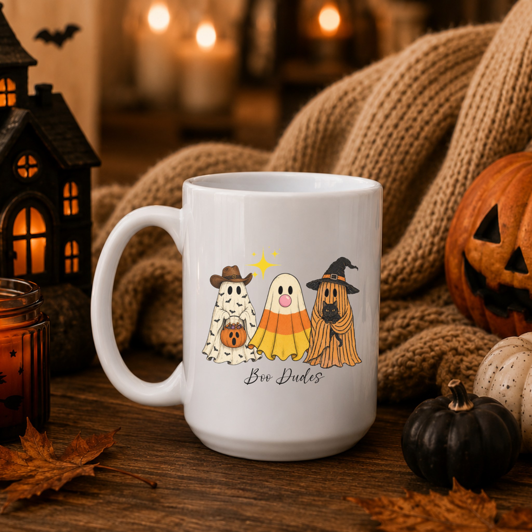 Boo Dudes Halloween Ghost Mug | 15 oz Fall Ceramic Coffee Cup | Spooky Cute Halloween Gift
