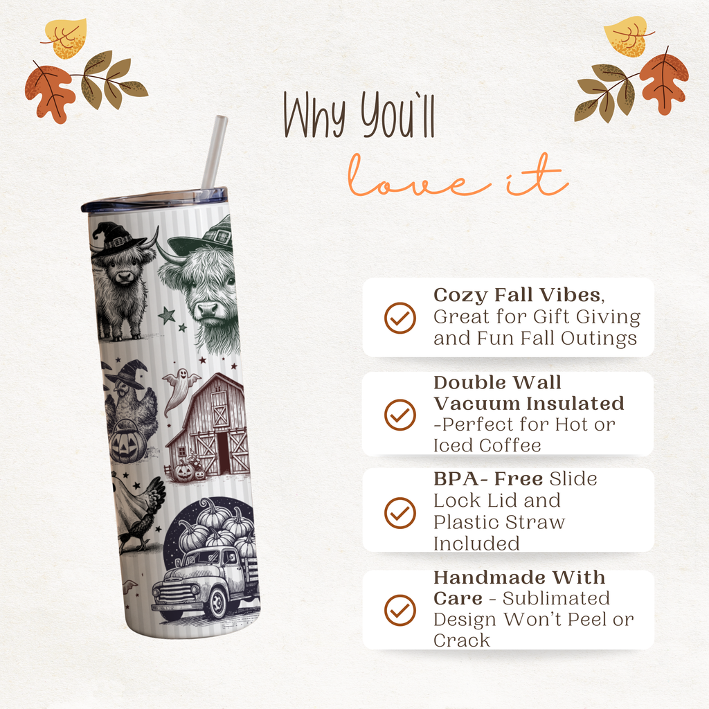 Vintage Style Halloween Tumbler | Highland Cow & Farmhouse Ghost 20 oz Skinny Cup | Rustic Autumn Gift