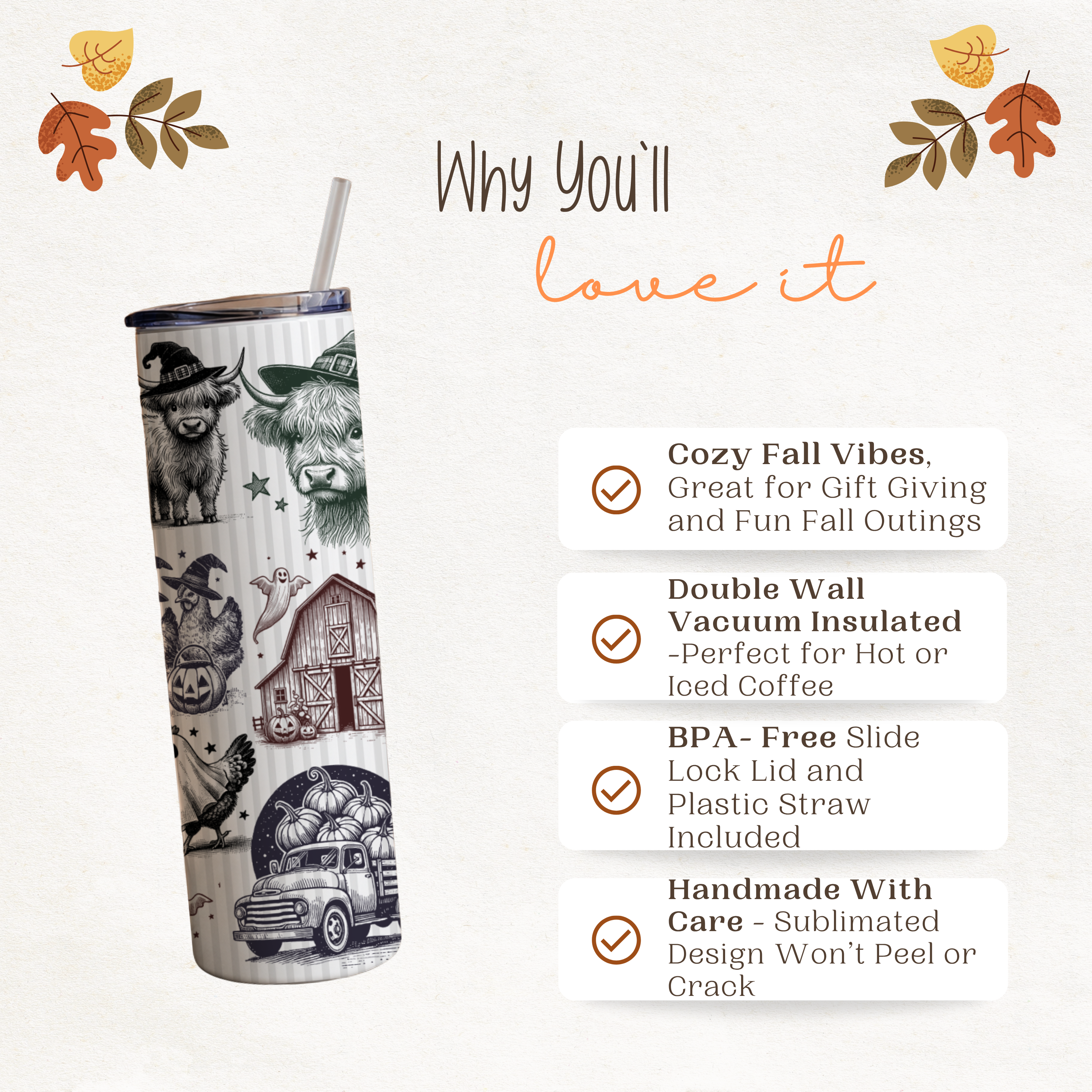 Vintage Style Halloween Tumbler | Highland Cow & Farmhouse Ghost 20 oz Skinny Cup | Rustic Autumn Gift