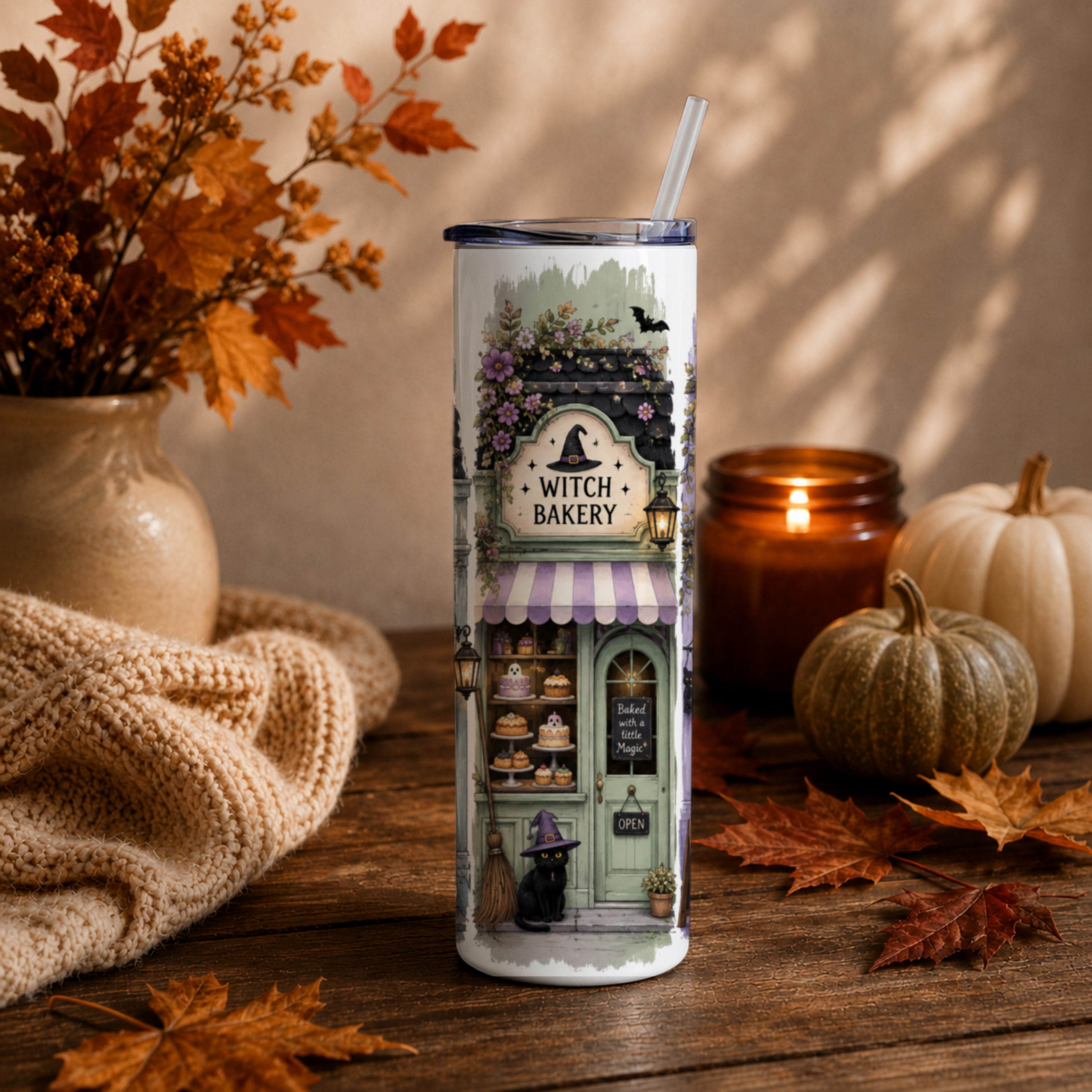 Spooky Halloween Village Tumbler | Cute Fall Main Street Shops Coffee Cup