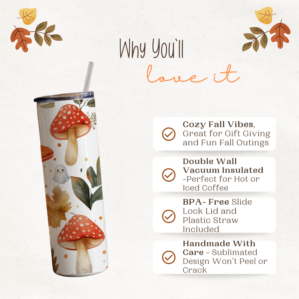 Woodland Mushroom Insulated Travel Mug | Cute Ghost Fall Tumbler | Watercolor Autumn Coffee Cup