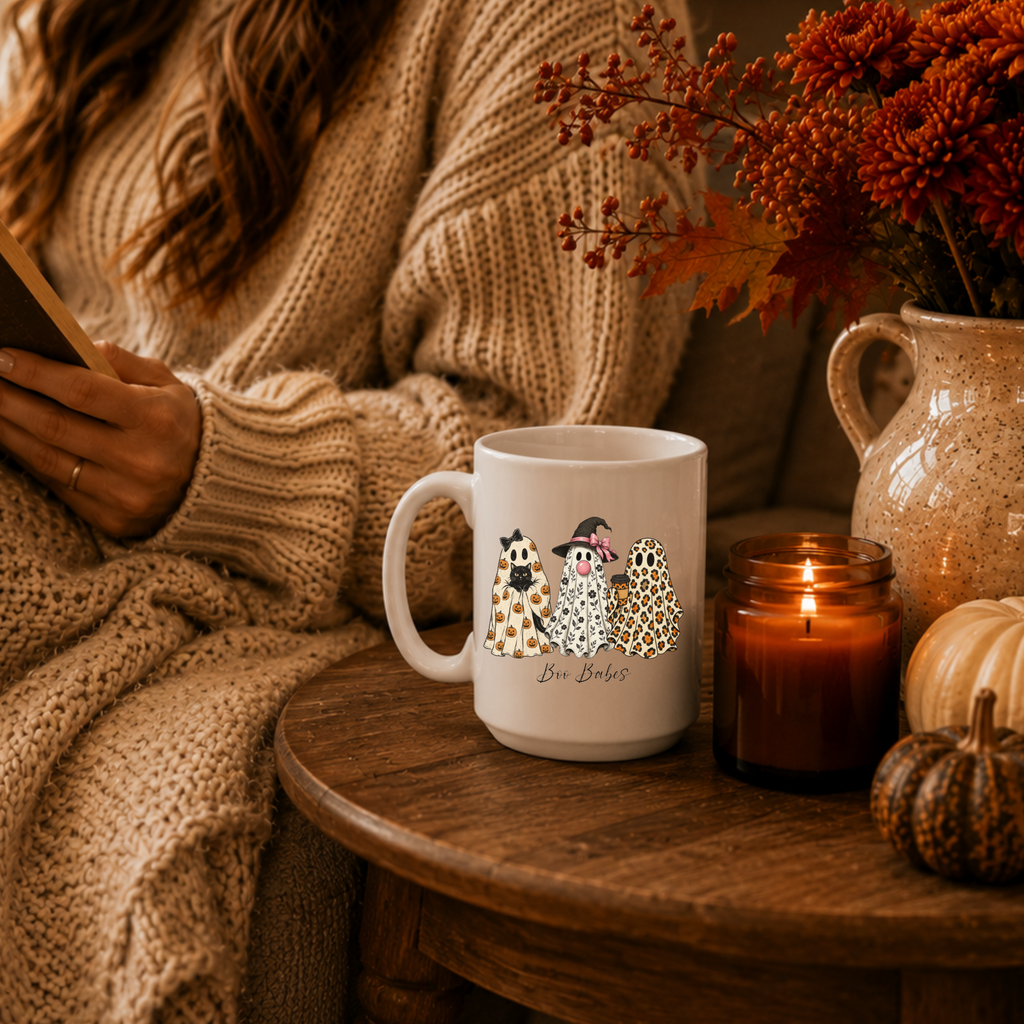 A white ceramic mug with a cute ghost illustration and the text 'Boo Babes' sits on a rustic wooden table next to a lit candle, a speckled pitcher with autumn foliage, and a cozy person in a chunky knit sweater holding a book.