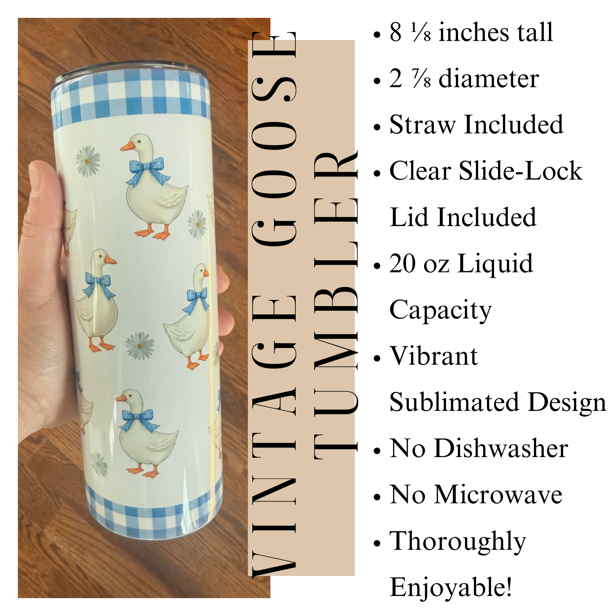 1980's Geese Vintage Inspired 20oz Tumbler, One Silly Goose, Geese with Blue Gingham