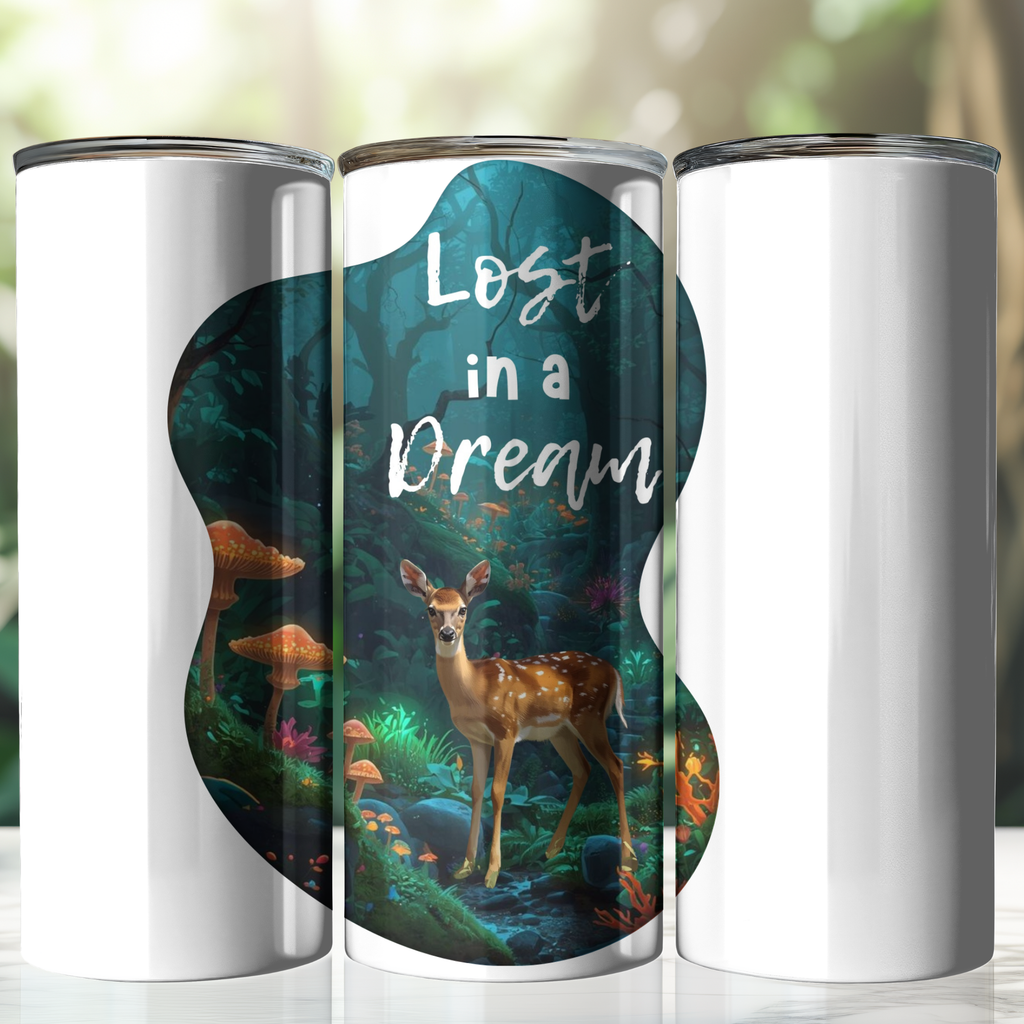 Lost in a Dream Whimsical Deer Tumbler 20 oz Stainless Steel, Fantasy Design, Nature Scene, Deer in the Woods, Cup with Lid