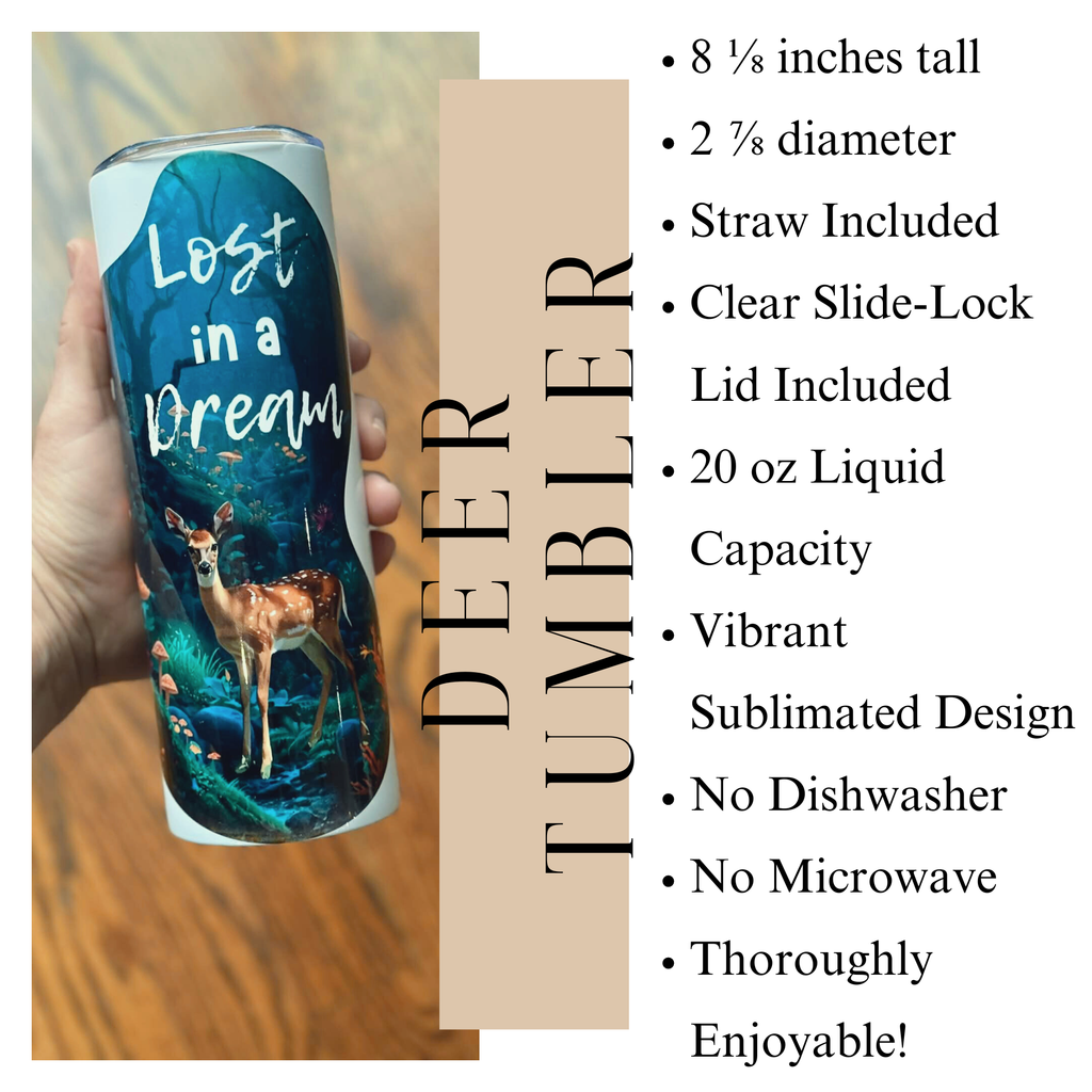 Lost in a Dream Whimsical Deer Tumbler 20 oz Stainless Steel, Fantasy Design, Nature Scene, Deer in the Woods, Cup with Lid