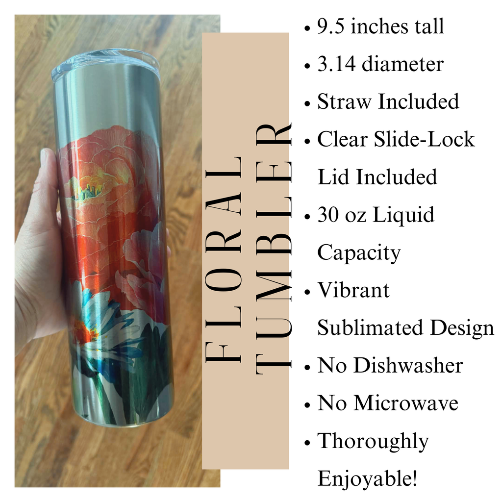 Floral tumbler with product details on a wooden surface
