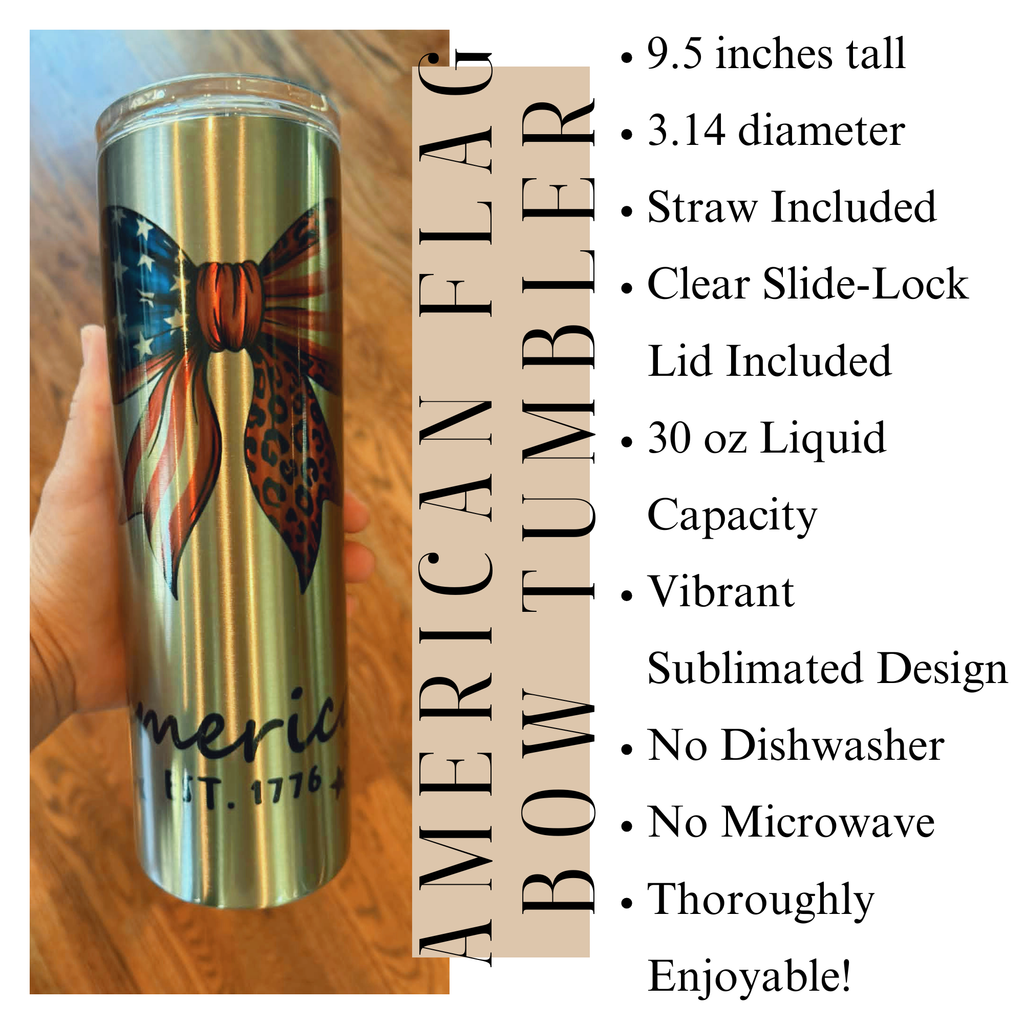 America Est. 1776 Flag Bow 4th of July Summer Girl Fashion 30 oz Patriotic Tumbler
