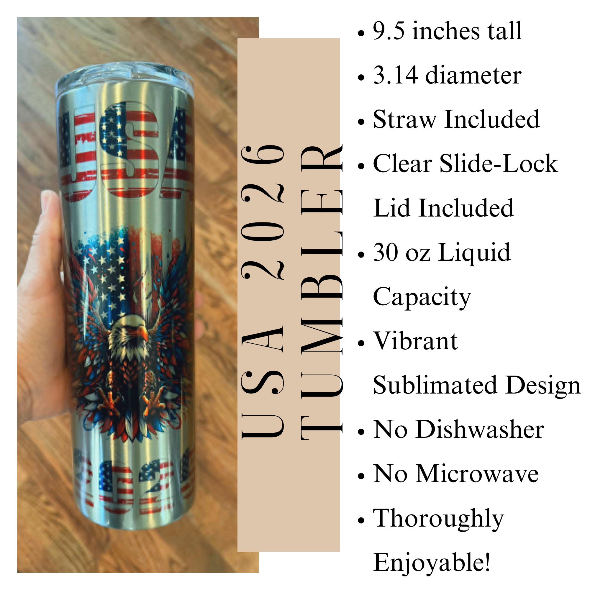 USA 2026 30 oz Patriotic Tumbler Bald Eagle Flag
