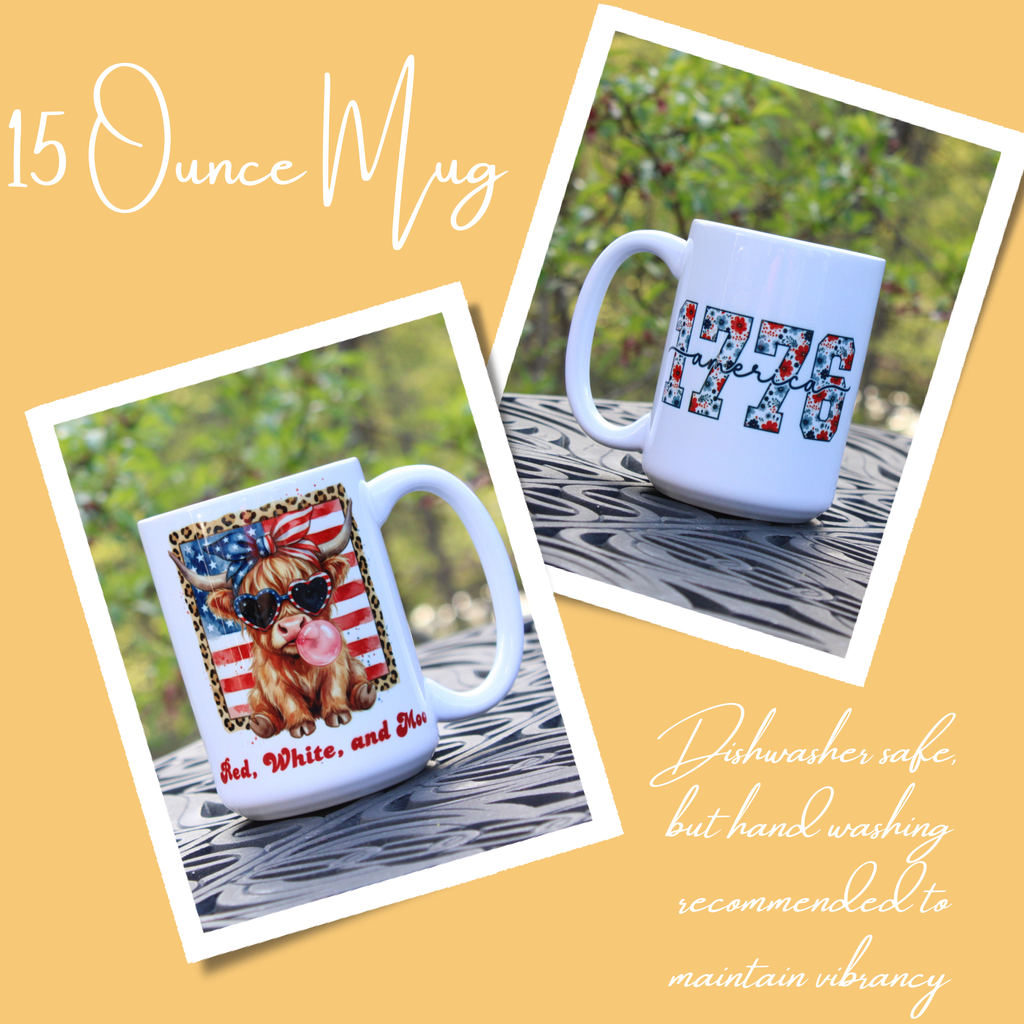Miniature Highland Cow Coffee Mug, Red White and Moo 4th of July Mug