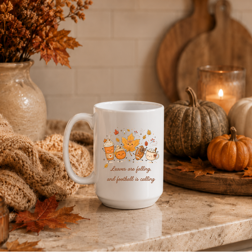A white ceramic mug with a fall-themed kawaii graphic of pumpkins, leaves, and coffee cups, printed with the text 'Leaves are falling and football is calling'. The mug is styled on a kitchen counter with autumn props including pumpkins, a knitted blanket, and a candle.