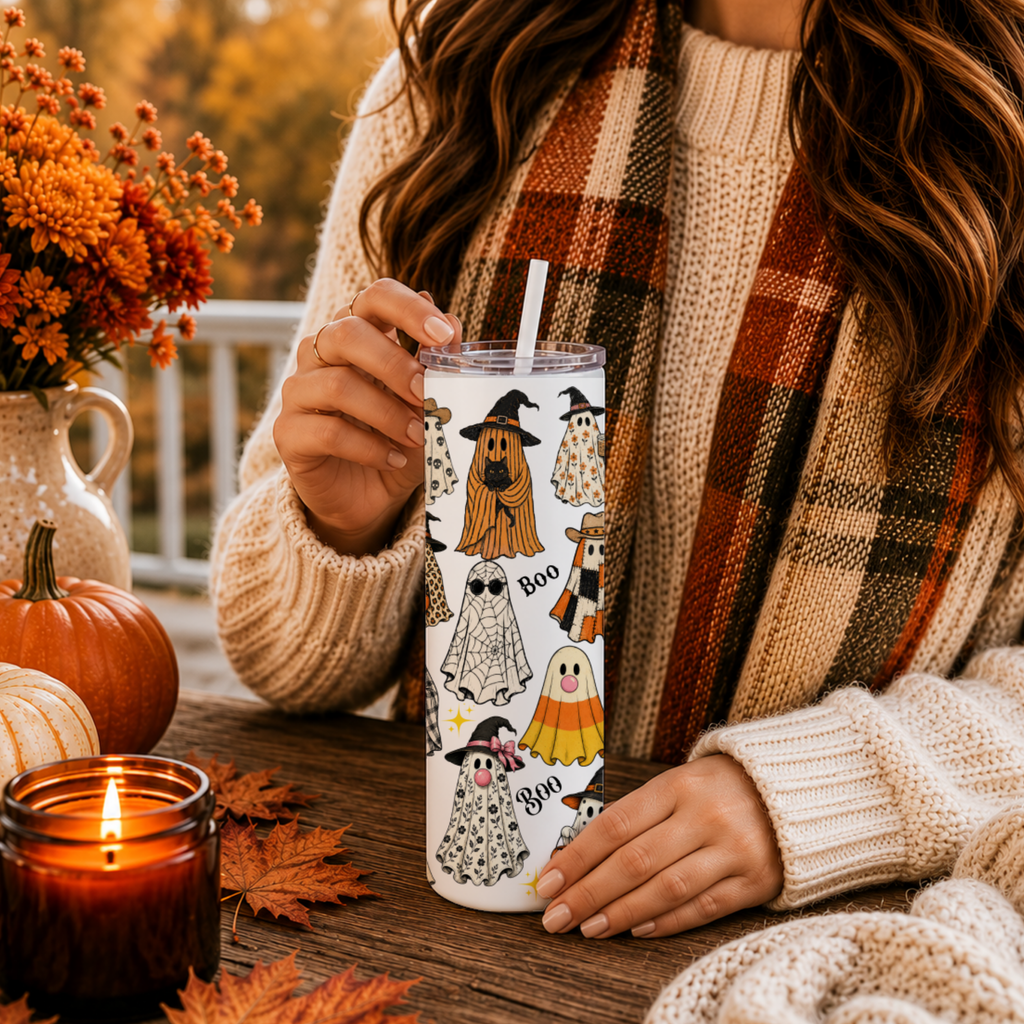 A person in a cozy knit sweater and plaid scarf holds an insulated tumbler with a straw. The tumbler is printed with a Halloween-themed whimsical ghost pattern featuring costumes, witches hats, and the word 'Boo'.
