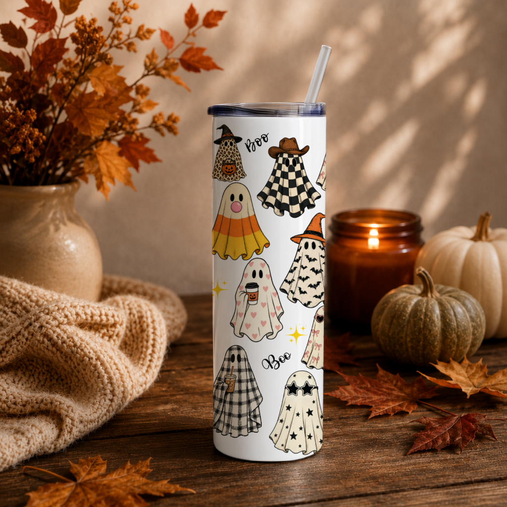 A white insulated 20 oz tumbler with a clear lid and straw, decorated with a Halloween pattern of ghosts, witches' hats, and plaid cloaks, styled on a wooden table with autumn leaves, a candle, and pumpkins.