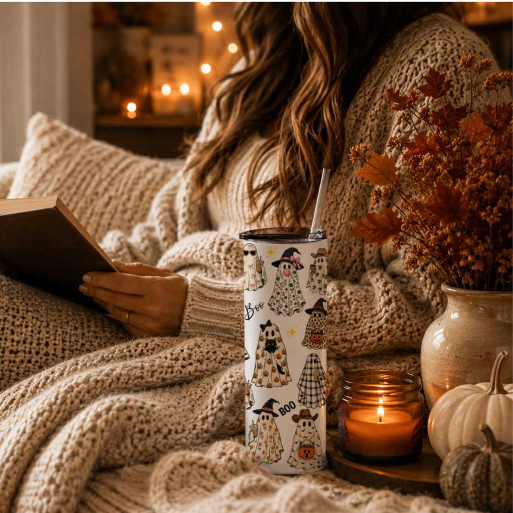 A woman with brown hair in a cozy knit sweater sits under warm string lights, reading a book beside a white insulated tumbler with a straw. The tumbler is decorated with illustrated ghosts wearing Halloween costumes and holding coffee, black cats, and pumpkin treat bags.