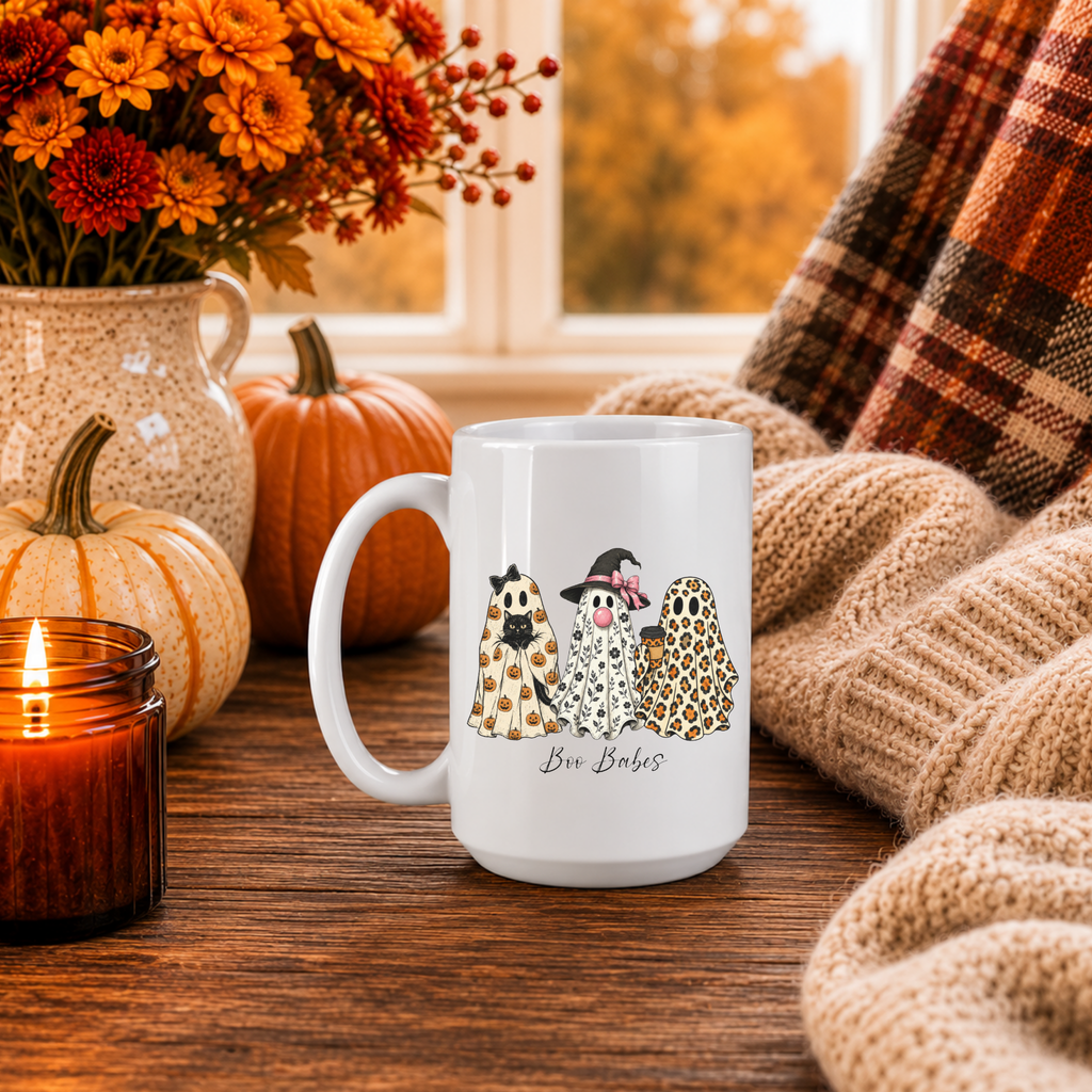 A white ceramic mug with a Halloween-themed graphic of three ghosts and the text 'Boo Babes' sits on a wooden table in a cozy autumn setting with pumpkins, a candle, flowers, and a plaid blanket.