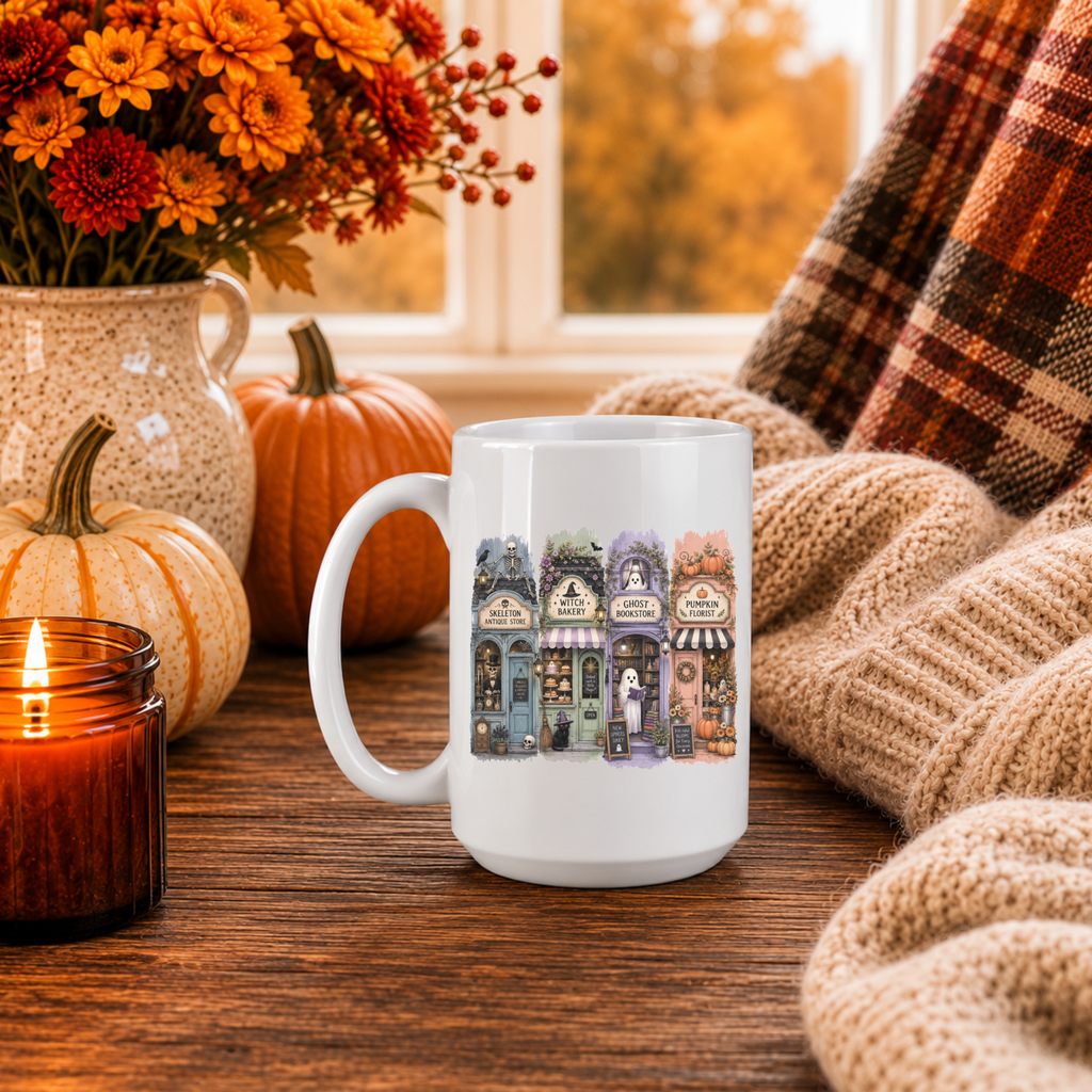 White mug with fun illustrations of Halloween storefronts like a Witch Bakery, Ghost Bookstore, Pumpkin Florist, and a Skeleton Antique Store.
