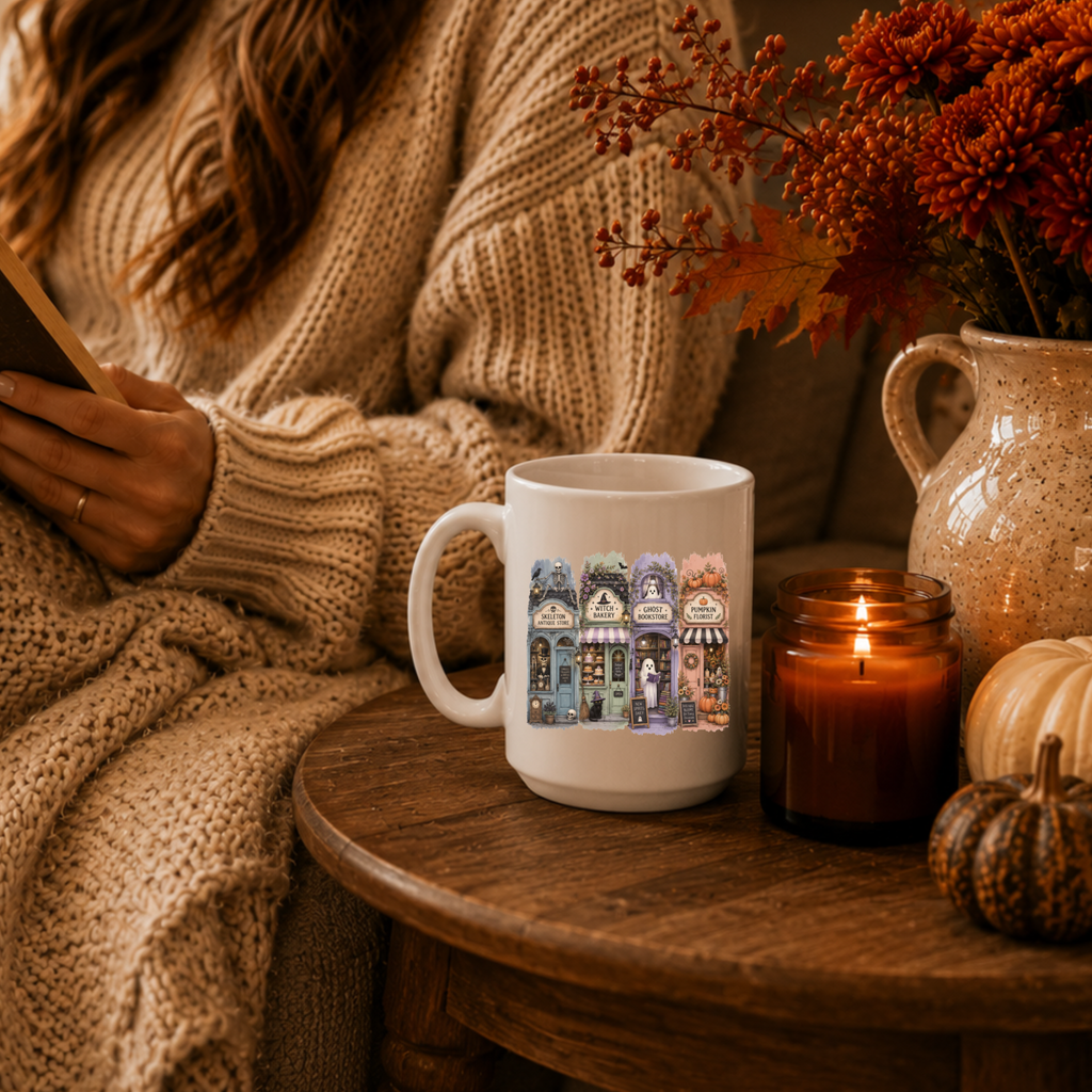 White mug with cute Halloween shops laid out like a little village on main street, placed on a wooden table beside a woman reading. 