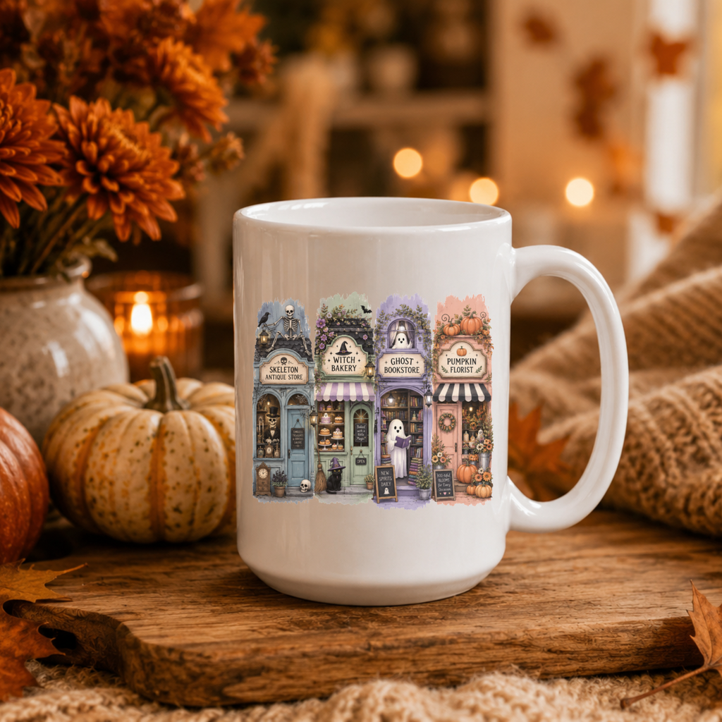 a white coffee mug with an image of a small Halloween village with 4 adorable yet spooky storefronts with ghosts, pumpkins, skeletons, and a black cat. 