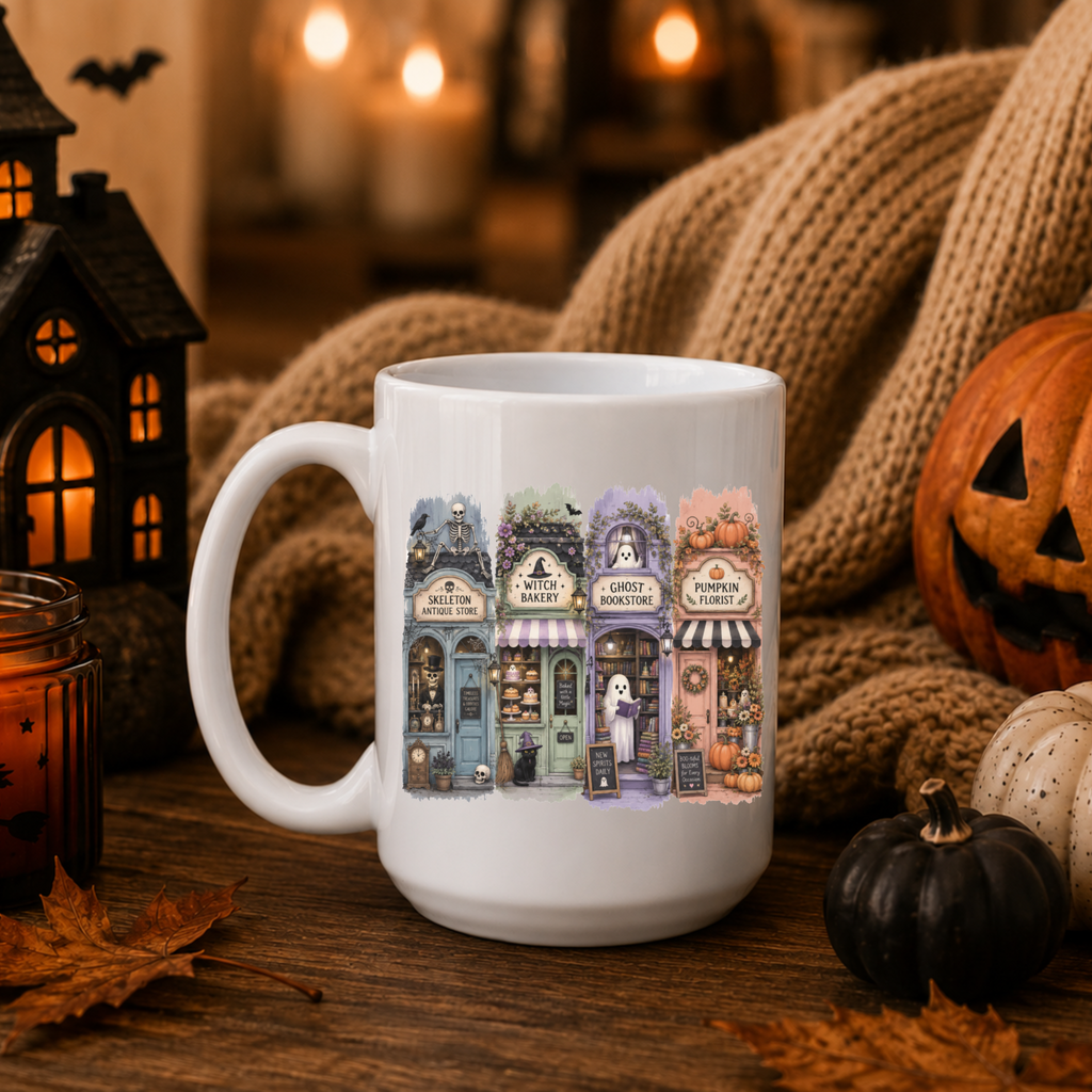 A white ceramic mug with a colorful graphic of four haunted storefronts, styled on a wooden table with a knitted beige sweater, a jack-o'-lantern, a small pumpkin, and a lit candle in a spooky autumn setting.