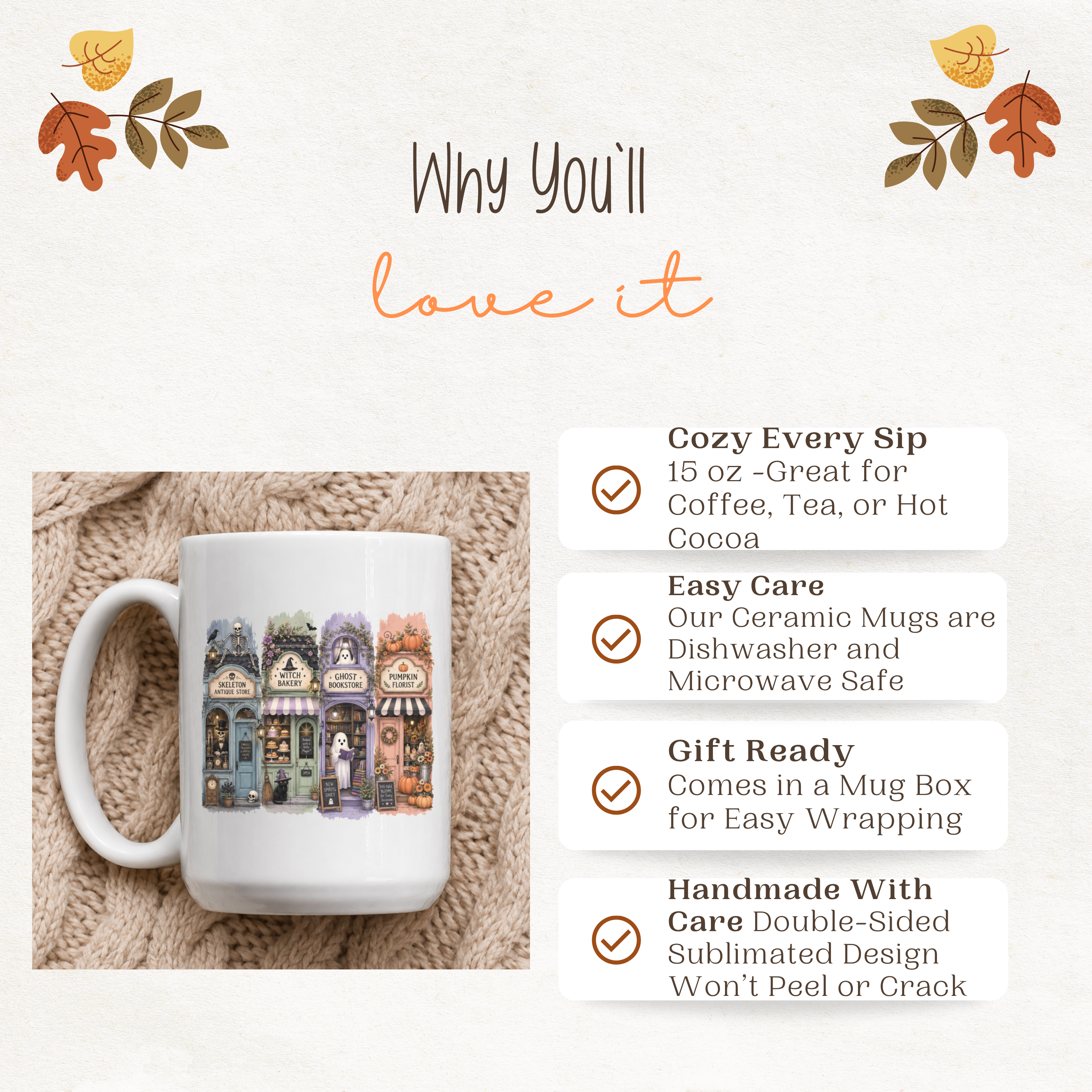 15oz Halloween Village Mug with information about it like it's great for tea or cocoa, dishwasher and microwave safe, and comes in a mug box for easy gifting.