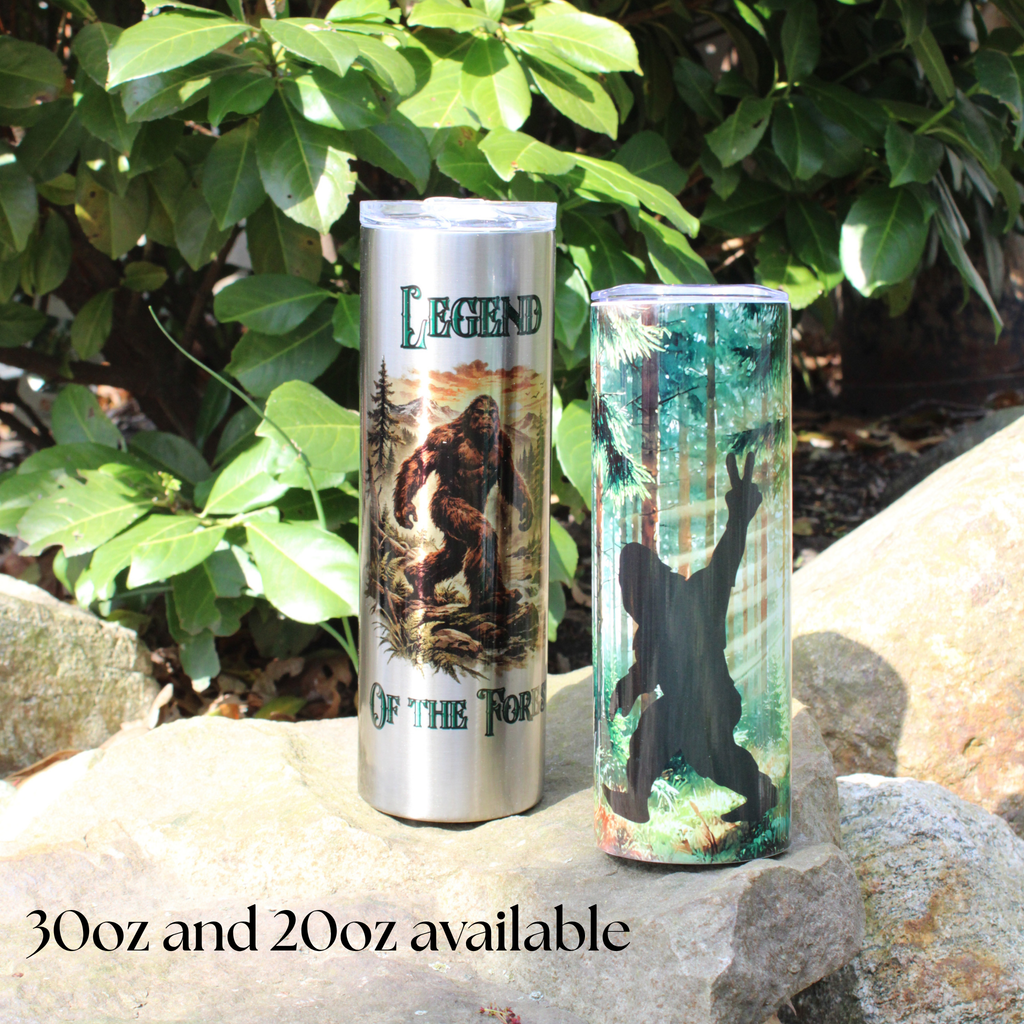 Bigfoot Camping Tumbler, 30 oz Stainless Steel Tumbler, Mythical Creatures for Nature Lovers, Sasquatch Silhouette, Bigfoot Gifts