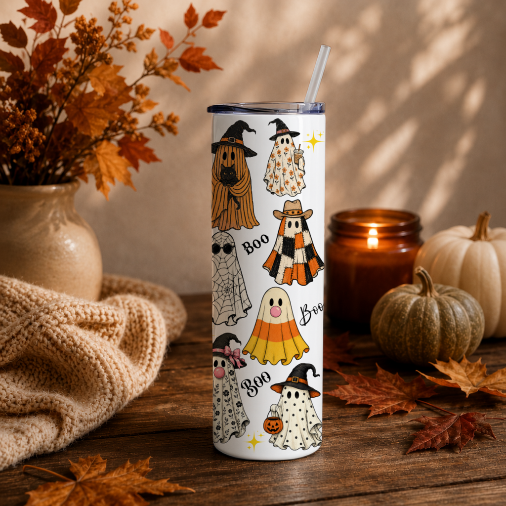 A white insulated tumbler with a clear lid and straw, decorated with cute whimsical ghosts and witch hats in autumn colors, set on a rustic wooden table surrounded by fall leaves, pumpkins, a knitted blanket, and a lit candle. Complete fall vibes.