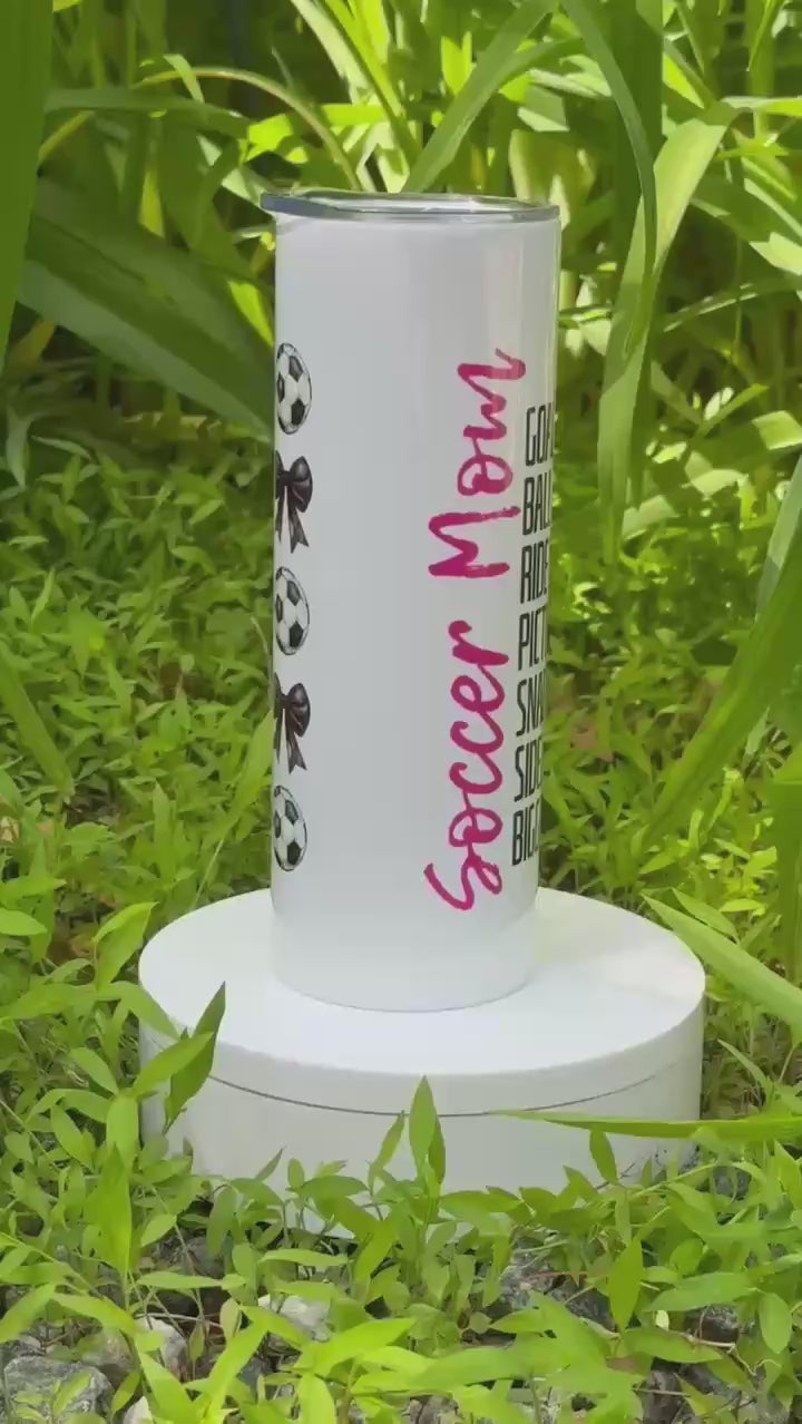 Soccer Mom 20 oz Tumbler with Bows and Soccer Balls